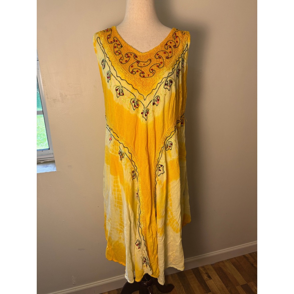 Boho Yellow Embroidered Midi‎ Dress Free Size Festival Hippie Indie Eclectic